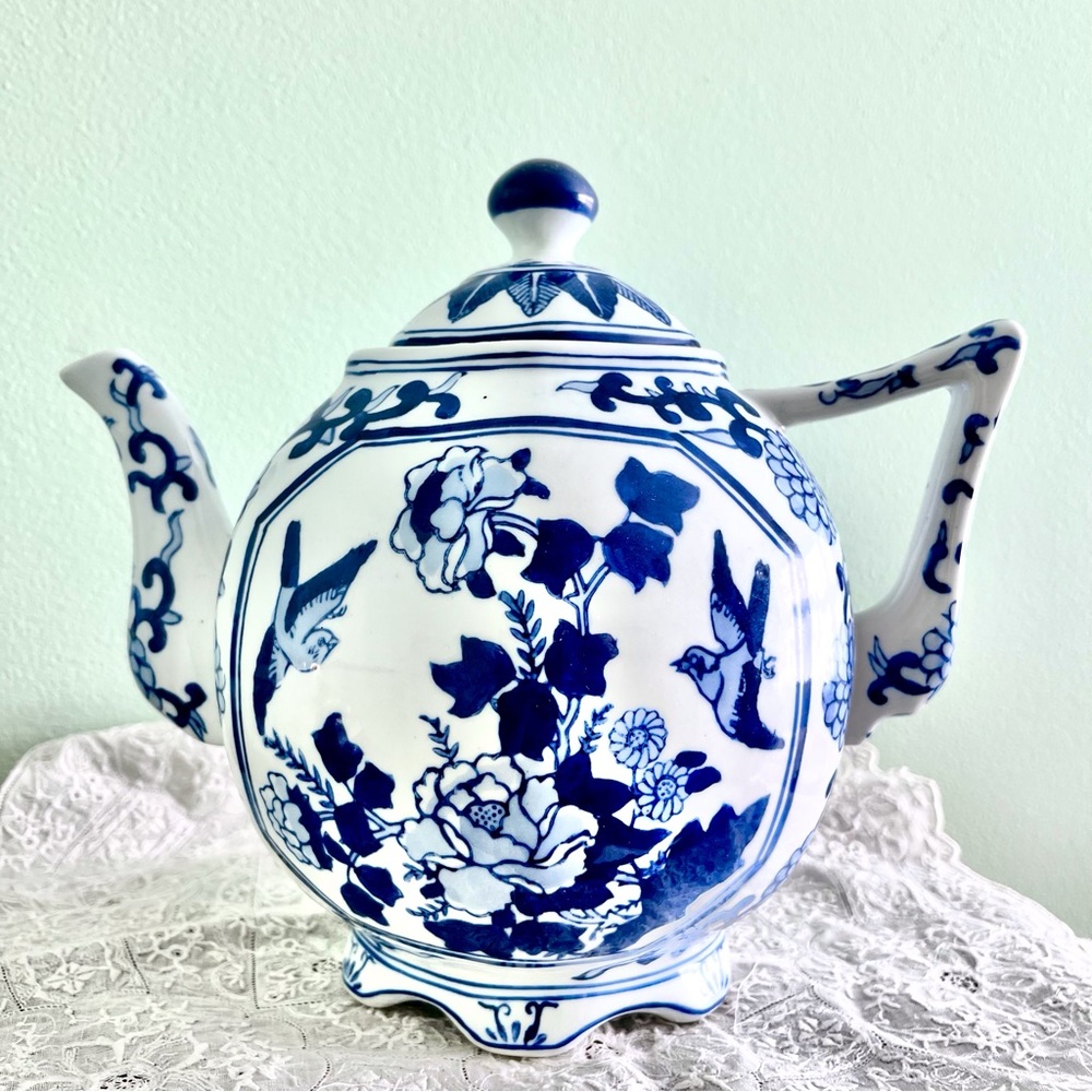Blue White Floral Teapot Andrea by Sadek Blue Birds